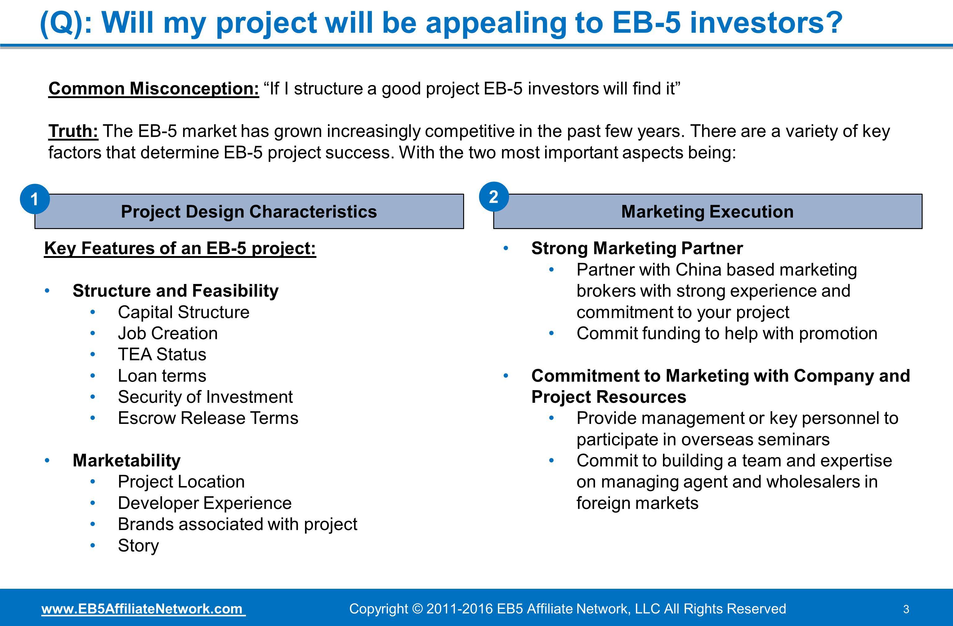 Q&A. Will my project be appealing to investors? The 2 key factors that determine success are Project Design and Marketing.
