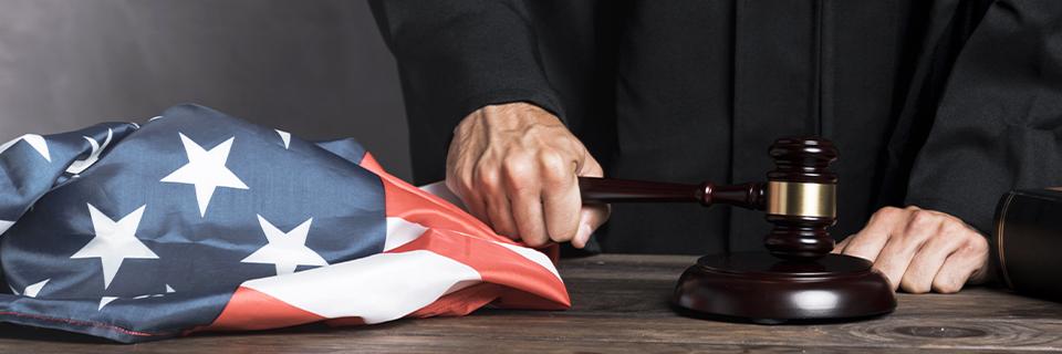 The hand of an immigration attorney or judge holding a gavel, next to the American flag.