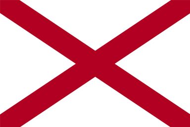 Alabama state flag which consists of a crimson red diagonal cross of St. Andrew on a solid white background.