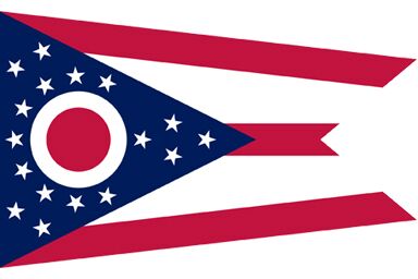 Ohio state flag with 3 red and 2 white stripes, blue triangle with 17 stars, and a white and red, O, in a pennant shape.