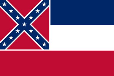 Former Mississippi state flag with three stripes of blue, white, and red, and the canton of the Confederate battle flag.