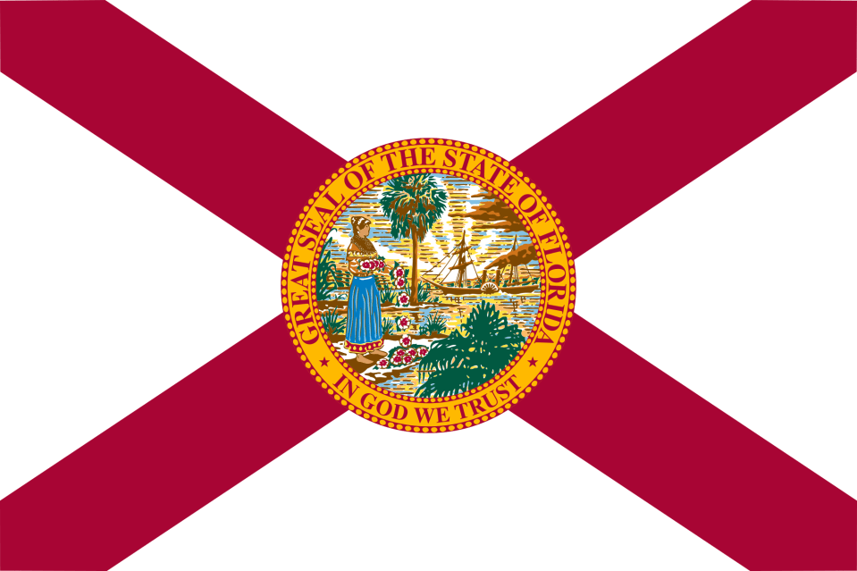 Florida state flag consisting of a diagonal red cross on a white background with state seal superimposed on the center.