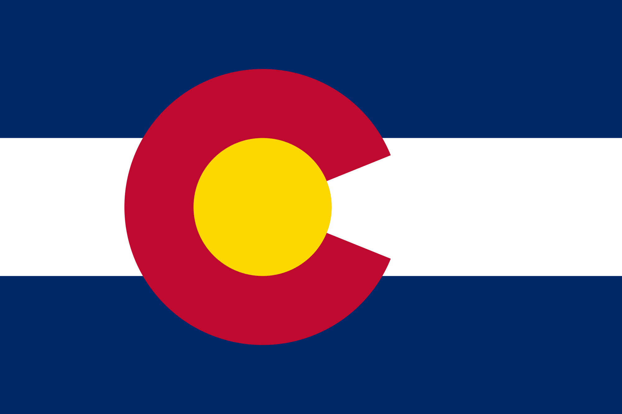 Colorado state flag with 3 horizontal stripes of blue, white, and blue and a red letter, C, filled with a gold circle.