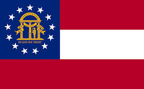 Georgia state flag with red-white-red stripe background and blue canton with coat of arms encircled by 13 white stars.