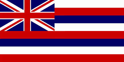 Hawaii state flag with 8 stripes of white, red, and blue, with the United Kingdom's Union Flag in the upper left corner.