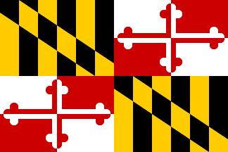 Maryland state flag with two quadrants containing black and gold bars and two with a red and white inverted cross.