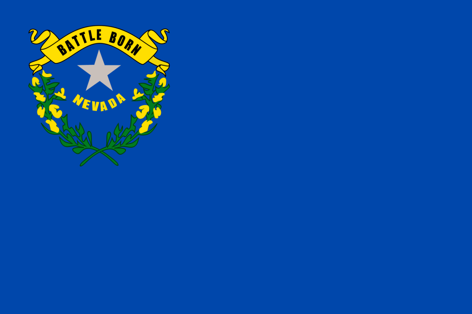 Nevada state flag with canton containing 2 branches encircling a star with words, Nevada and Battle Born, on blue field.