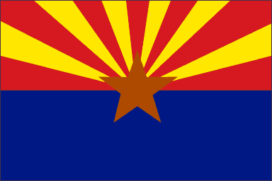 Arizona state flag consisting of 13 alternating red and yellow rays on top of solid blue field with center copper star.