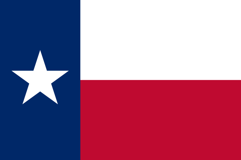Texas state flag with a single white star on a vertical blue stripe with a white horizontal stripe over a red stripe.