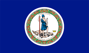Virginia state seal with the Roman goddess of virtue; the word, Virginia; and the motto, Sic Semper Tyrannis.