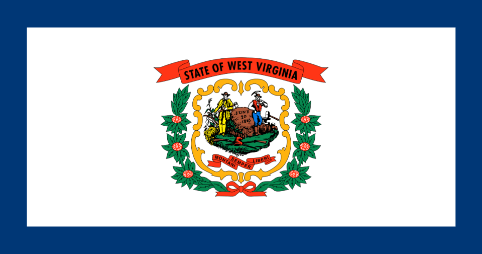 West Virginia state flag with coat of arms in the center on a pure white field bordered by a blue stripe.
