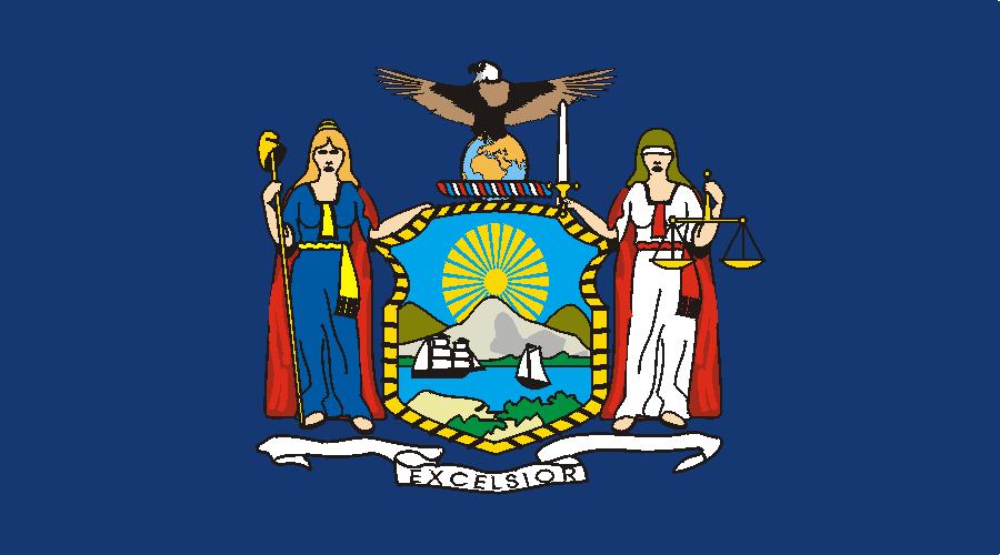New York state flag with coat of arms that includes goddesses, Liberty and Justice; and motto, Excelsior, on blue field.