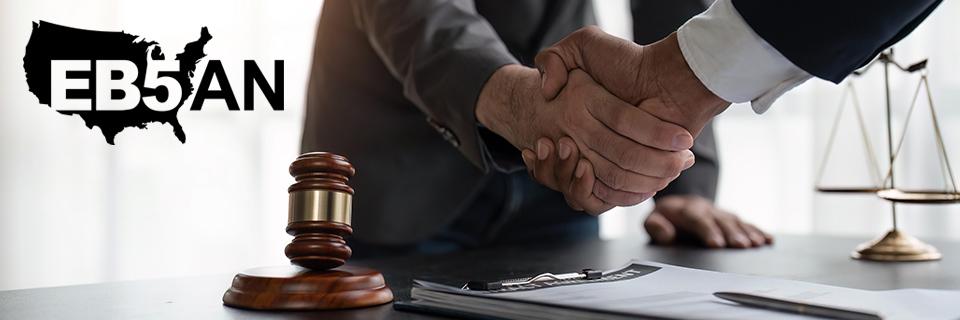 A close-up of a handshake between an investor and an immigration professional, with the EB5AN logo on the side.