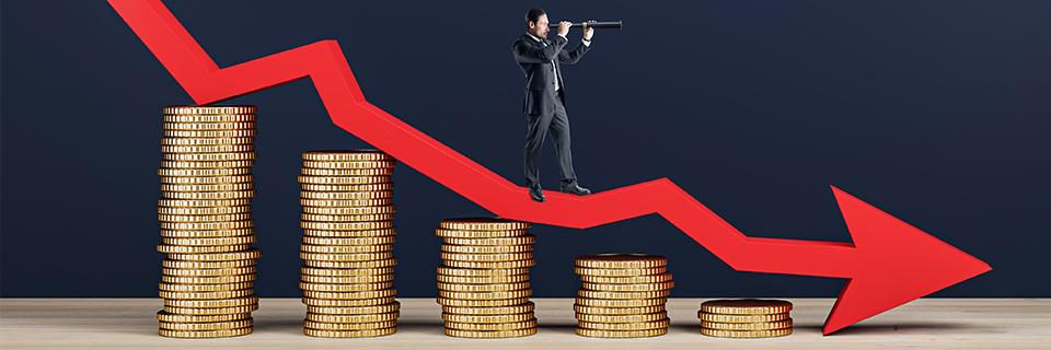 A person standing on a red downward arrow and piles of coins, symbolizing the failure of a job creating entity.