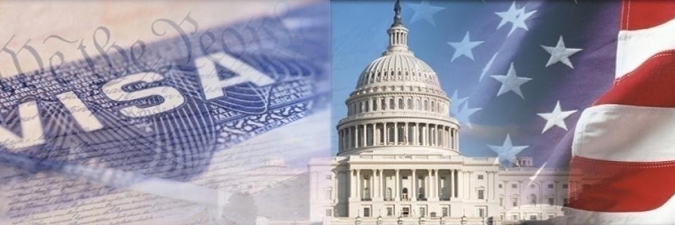 A close-up of a U.S. visa stamp next to the United States Capitol building and an American flag.