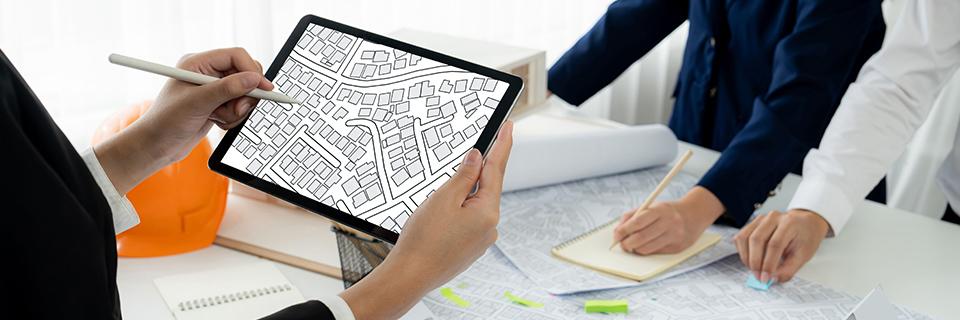Immigrant investors looking at some project plans on a tablet and papers on a desk, doing due diligence.