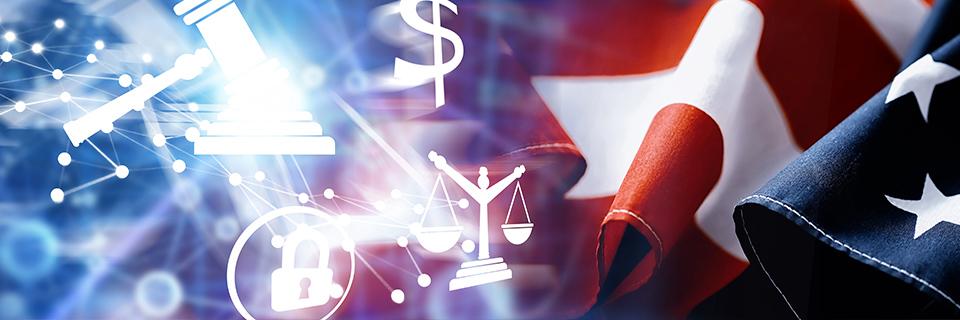 Digital icons about immigration law in front of the U.S. flag.