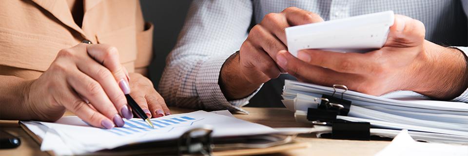 An immigration services professional and an investor examining his or her investment capital data.