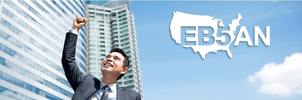A happy EB-5 investor with his arm up in the air, next to the EB5AN logo.