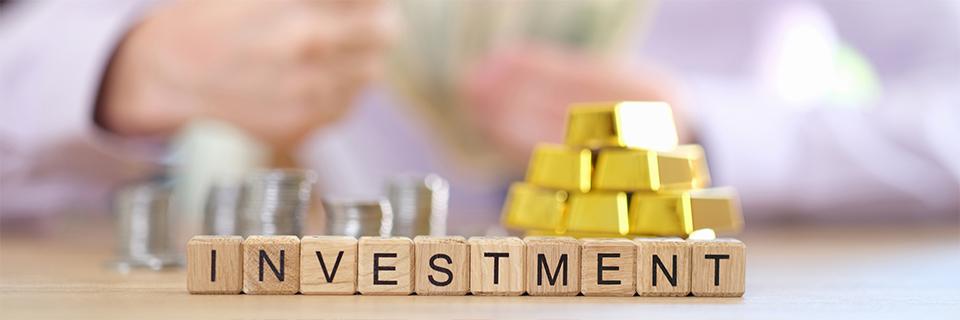 Wooden blocks that spell out investment, in front of a stack of coins and gold, symbolizing lawful permanent residency in exchange for capital investment.