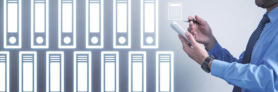 A person holding a checklist, next to a stack of digital folder icons symbolizing visa application documents.