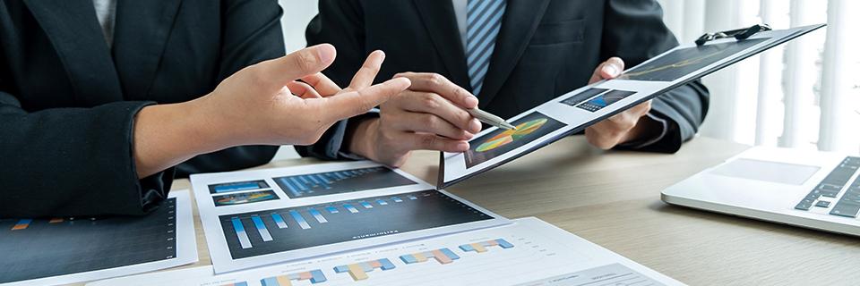 Two people looking at business graphs, discussing loans.