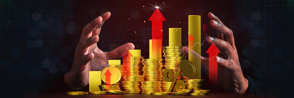 A hand reaching out to a pile of coins, with graphics and arrows around it, symbolizing debt, equity and investment.