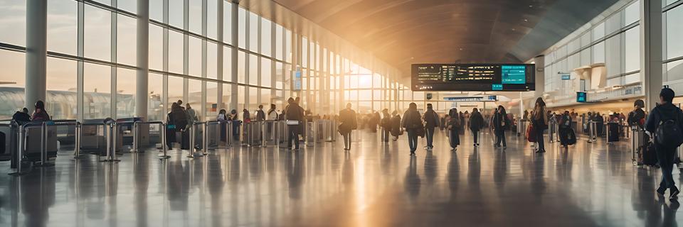 Wide angle shot of an airport terminal with people walking around, symbolizing the grace period for non immigrant workers before they have to adjust status or leave the United States.