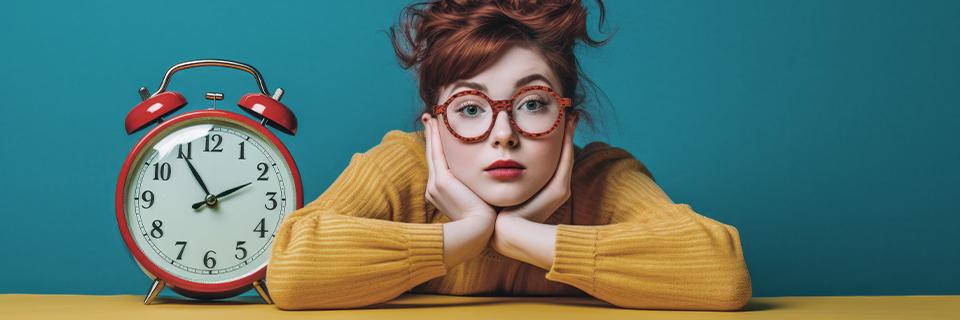 A person holding her face, next to a red alarm clock, representing the EB5 investment sustainment period.