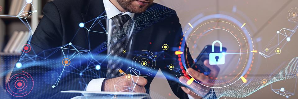 An EB5 regional center representative following up on investments using his phone, with digital investment icons in the foreground.