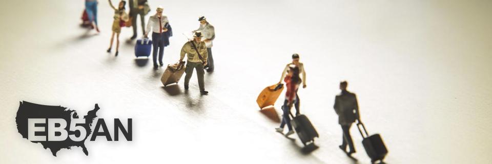 Figurines of foreign nationals immigrating to the USA next to the EB5AN logo.
