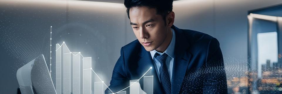 An EB5 investor examining some business graphs on a computer.