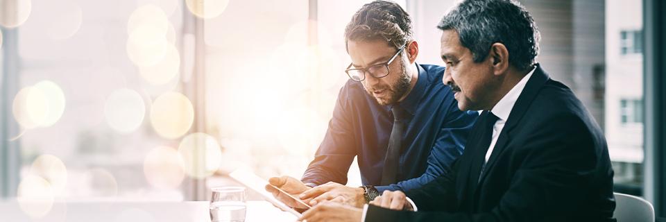 Two business professionals reviewing documents, representing EB-5 visa guidance and investment planning for Indian nationals.
