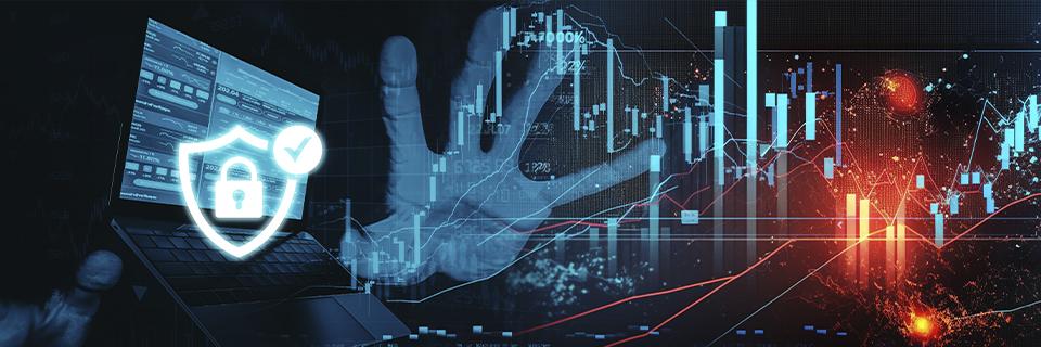 A digital security icon in front of some financial charts.
