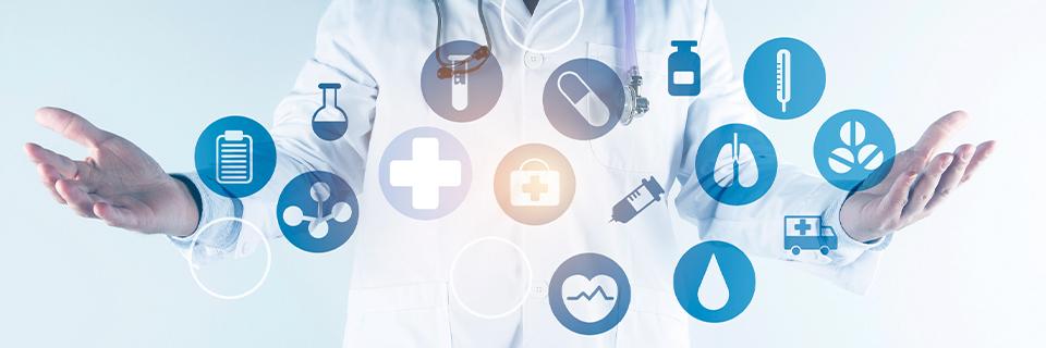 Healthcare professional with virtual medical icons representing advanced U.S. healthcare services and systems, highlighting the benefits of access through an EB5 Green Card.