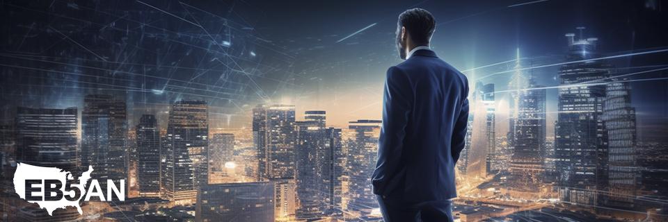 The EB5AN logo next to a businessman overlooking a vibrant U.S. city skyline, symbolizing career and financial growth through the EB5 visa program.