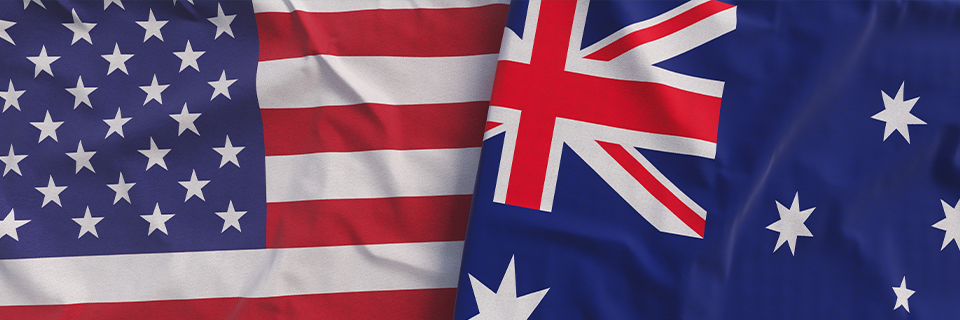 U.S. and Australian flags together, illustrating how Australian citizens can get a Green Card through an EB5 investment with the help of EB5AN.