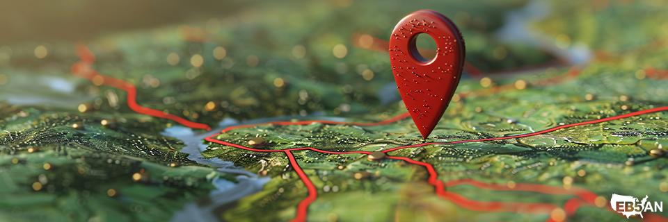 3D-rendered map with a red location pin marking an investment site and the EB5AN logo on the corner, representing EB5 regional center projects and TEA designation. Choosing the right EB5 location can impact visa processing and investment success.