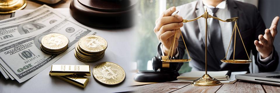 Gold coins, stacks of cash, and a lawyer weighing justice scales, symbolizing the impact of the Battineni case on EB5 source of funds requirements and the legal considerations for investment capital.