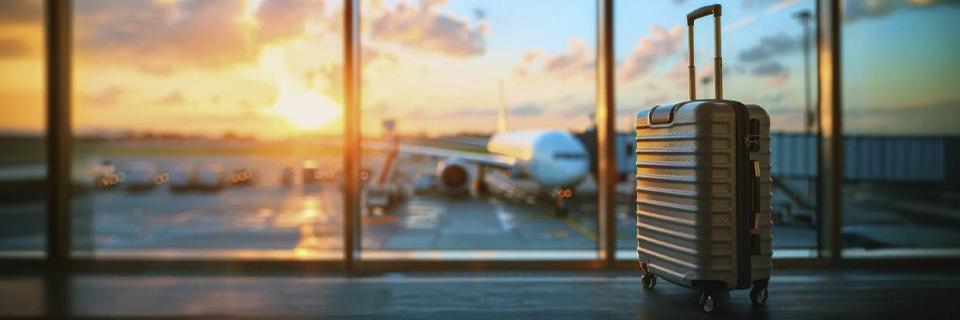 Luggage at an airport window, illustrating international travel and EB5 investors’ mobility during the visa process.