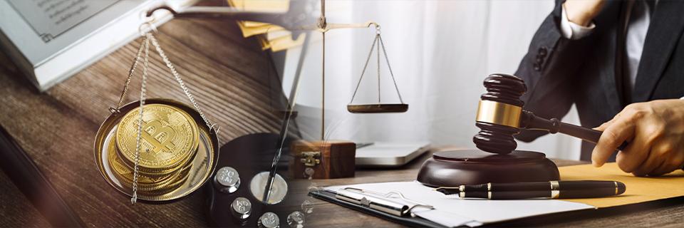 Golden Bitcoin tokens on a justice scale beside legal documents and a judge’s gavel, symbolizing the legal scrutiny of using cryptocurrency as EB5 source of funds.