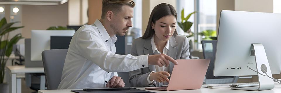 Two professionals reviewing EB5 visa documents on a laptop in an office setting, emphasizing the value of expert guidance like EB5AN in the EB5 application process.
