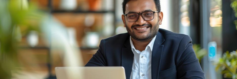 Indian EB5 investor working on a laptop in the U.S., taking advantage of concurrent filing and fast processing through a rural TEA project.