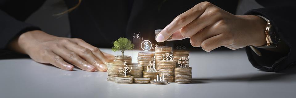 Hands arranging stacks of coins with financial growth icons, representing EB5 investors organizing their source of funds documentation for a U.S. Green Card.