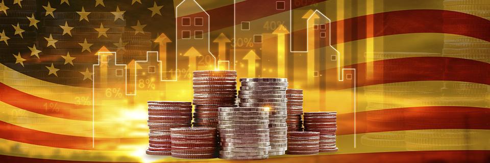 Stacks of coins overlaid on the U.S. flag with growth and real estate graphics, representing economic opportunity and investment security with the EB5 program.