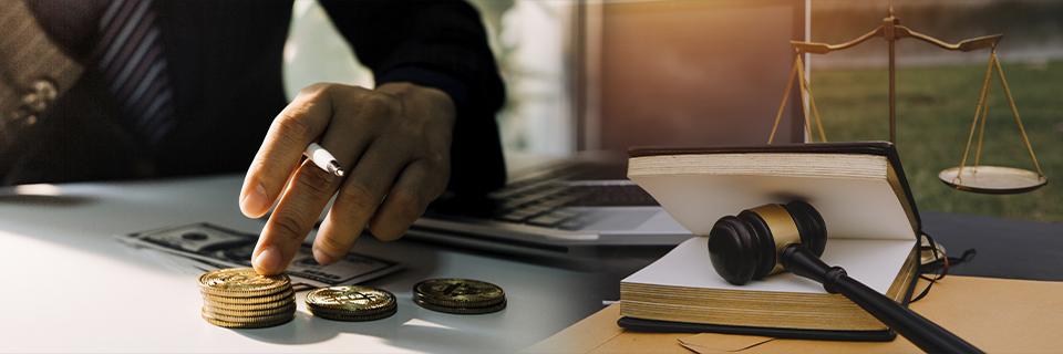 Close-up of a businessperson managing EB5 investment funds with legal documents and a gavel in the background, highlighting the importance of lawful source of funds and immigration compliance.