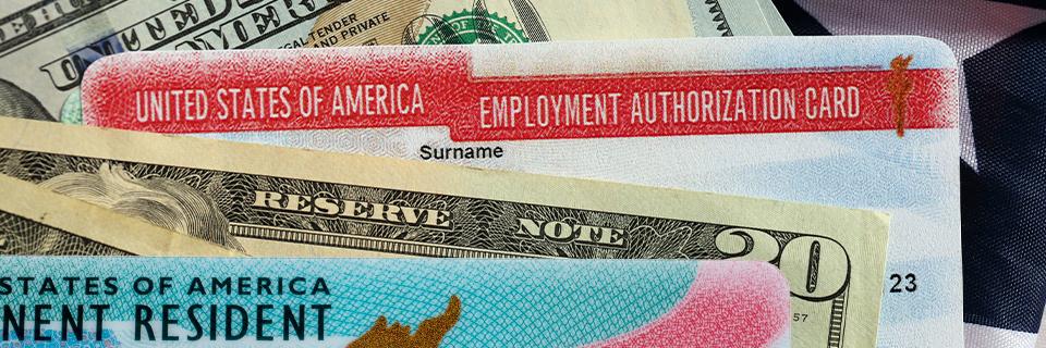 Close-up of U.S. Employment Authorization Card and Permanent Resident Card partially stacked over dollar bills, representing temporary versus permanent work rights through EB5 and EAD.