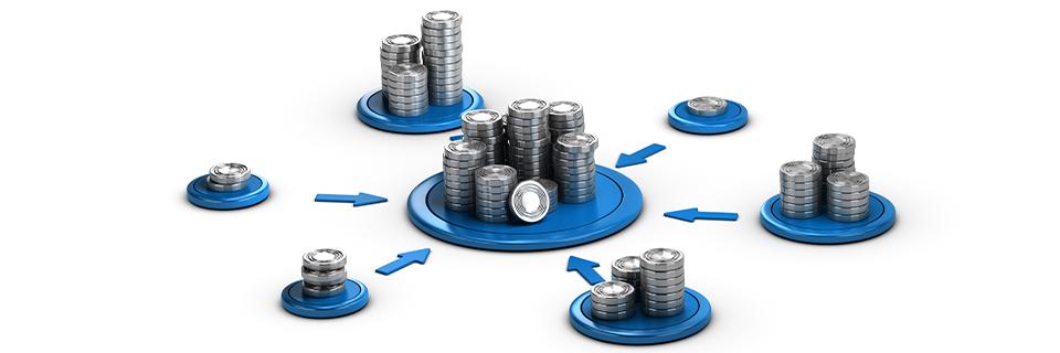 Visual representation of multiple funding sources converging into one investment pool, illustrating how F1 students can combine funds for an EB5 investment.