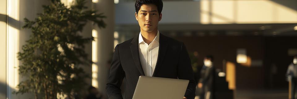 A man holding a laptop in an office lobby, representing an H1B visa holder exploring EB5 and E2 visa alternatives to maintain legal U.S. status after job loss.