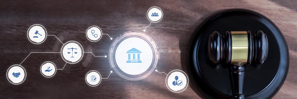 Digital legal icons connected to a gavel, representing increased EB5 compliance and legal oversight after the RIA.